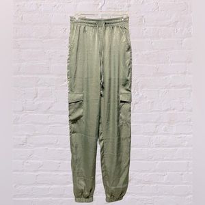 Missguided sage green silky utility cargo elastic waist pants joggers small tall